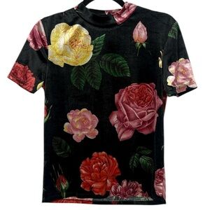 Zara Trafaluc Multi-color Shiny Crushed Velvet Mocked Neck Floral Rose Small Top